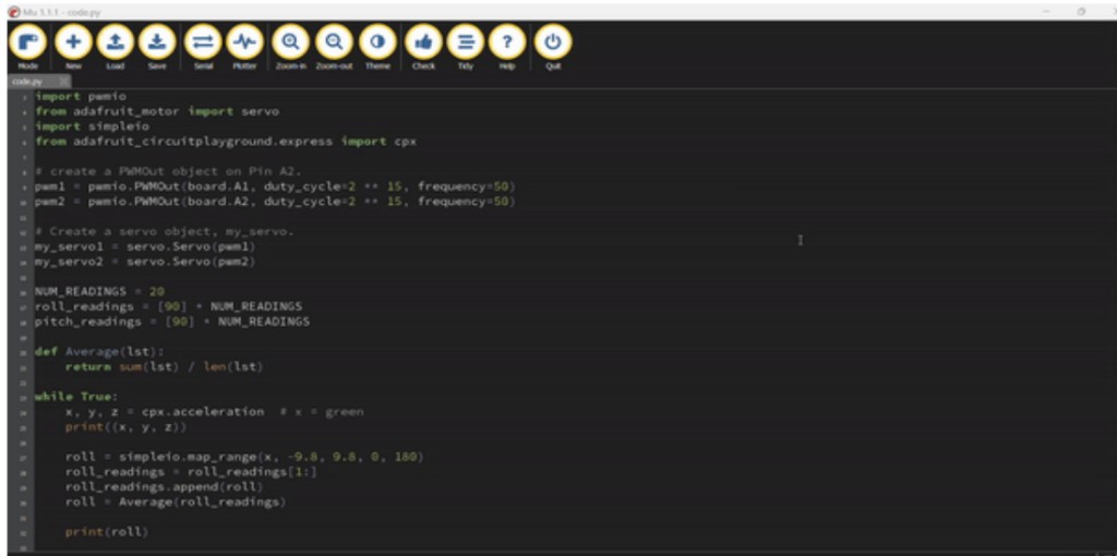 Python code using Circuit Playground gyroscope data to control servo motors